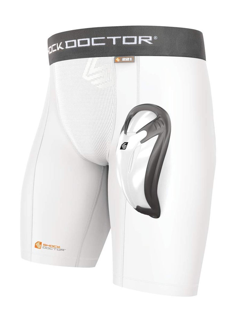 Shock Doctor Compression Shorts with Protective Bio-Flex Cup, Moisture Wicking Vented Protection, White, Adult, Small - Image 3